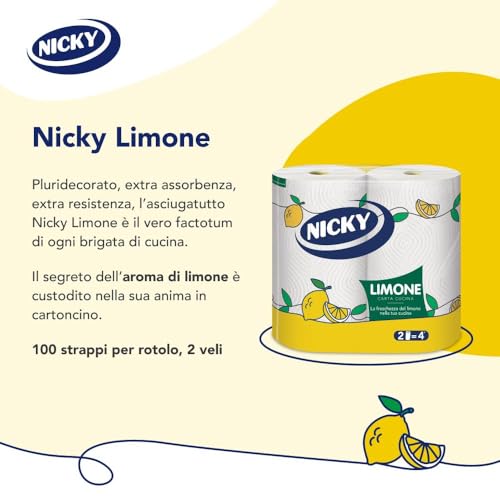 Nicky Limone Carta Cucina - 18 Rotoli da 100 Fogli Assorbenti a 2 Veli, Spessa e Resistente, Fresco Profumo di Limone, Carta 100% Certificata FSC - Immagine 1