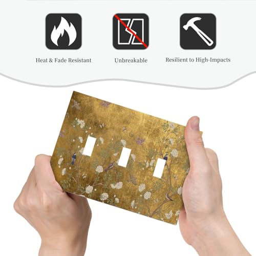 Decorative Switch Plate Covers Vintage White Flowers Birds on Golden Background 3 Gang Light Switch Cover Plate Triple Toggle Wall Plate Light Switch Covers for Bedroom Home Decor