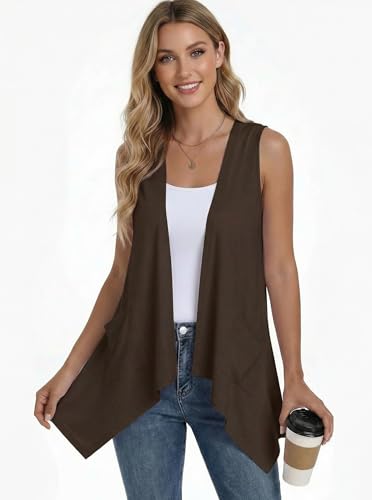 PrinStory Vest for Women Summer Lightweight Sleeveless Cardigans Casual Open Front Irregular Hem Vest with Pockets Coffee 2XL — view 2