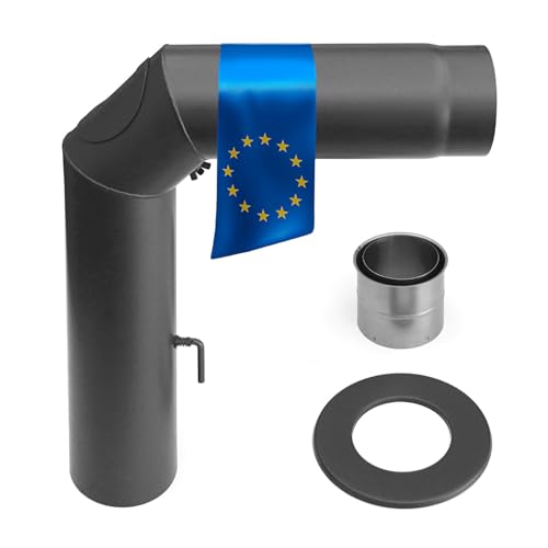 raik Rauchrohr Ofenrohr Set 150 mm gussgrau 90 Grad Bogen dreiteilig mit Zugregulierung und Reinigungsöffnung inkl. Doppelwandfutter und Wandrosette 2 mm Stahl Senotherm Lackierung bis 600 Grad