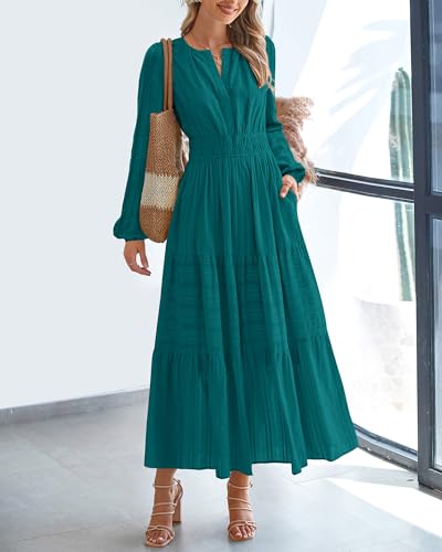 BTFBM Fall Dresses for Women 2025 Casual Long Sleeve V Neck Elastic Waist Lightweight Maxi Wedding Guest Dress Pockets