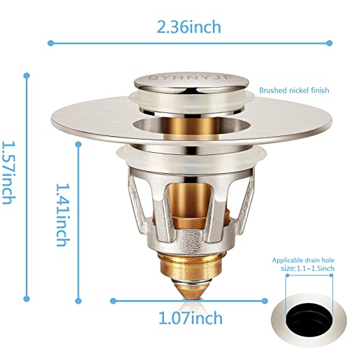 Image of QYHNYJF Bathroom Sink Stoppers Brushed Nickel - Pop Up Drain Stopper & Strainer, 2-in-1 Universal Sink Stopper for 1.1 inch to 1.5 inch Bathroom Sink Drain Pipes, Brushed Nickel Finish
