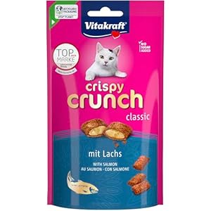 Vitakraft Crispy Crunch, knusprige Snackkissen gefüllt mit Lachs, Katzensnack, ohne Zusatz von Zucker (1x 60g)