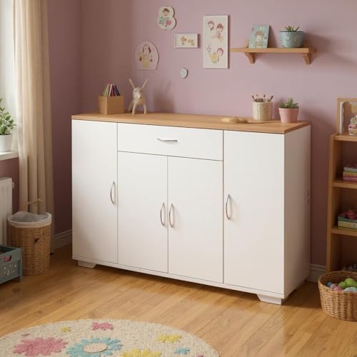 HOMYLIN Commode pour enfants avec plateau en grain de chêne, 1 tiroir et armoire de rangement, finition lin MDF avec étagères réglables pour salle de jeux,...