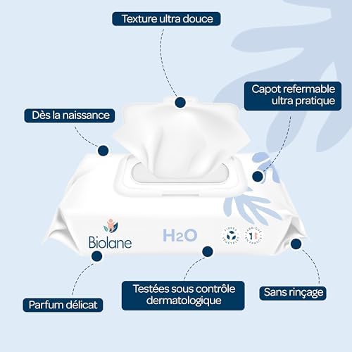 BIOLANE - Ściereczki do czyszczenia wody H2O - Baby - Zestaw 6x72 (432 chusteczek) - Skóra wrażliwa - Oczyszcza i chroni - Ciało i siedzisko - Bez spłukiwania - Od urodzenia - Wyprodukowano we Francji