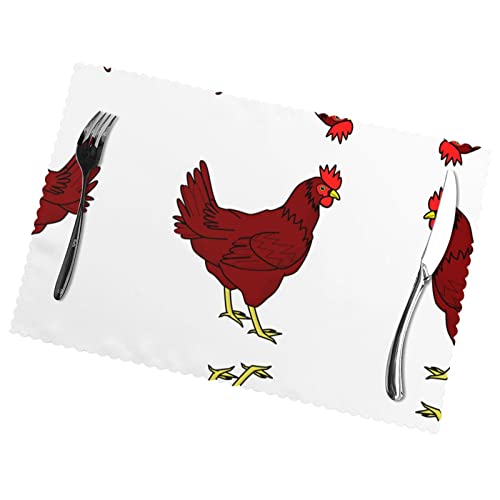 Juego de 6 manteles individuales con estampado de pollo rojo para mesa de comedor, perfectos para decoración del hogar y el hotel