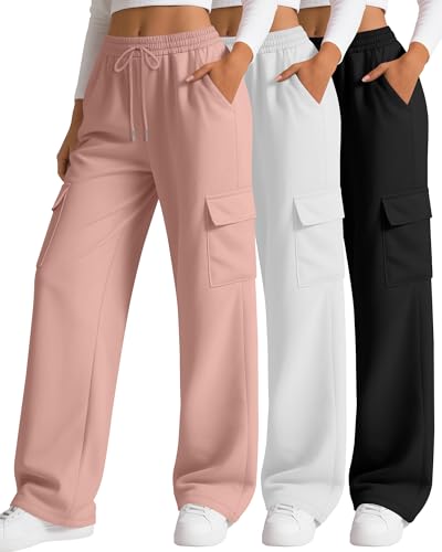 Neer 3 Pack Women's Cargo Sweatpants Wide Leg Baggy Loose Elastic Drawstring Pants Casual Athletic Joggers with 4 Pockets(Black, White, Lotus Pink,Medium)