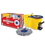 Rotomop Pro - Mocio con Secchio a Centrifuga in Acciaio INOX 18/10 | 2 Testine Lavabili (Bianco/Grigio) + Secchio Antigoccia | Pavimenti Senza Strisce, Sistema a Pedale