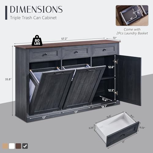 Image of IFGET Triple Tilt Out Trash Cabinet, Wood Trash Can Cabinet, Dark Grey