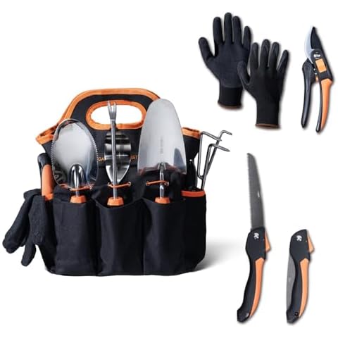 DTRK 8-Piece Large Garden Tool Set 304 Stainless Steel Garden Tool Kit with Handbag,Pruning Shears,Gloves Heavy Duty Gardening Hand Tools with Non-Slip Rubber Grip,Ideal Gifts for Women & Men Orange Cover