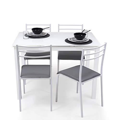 Homely - Conjunto De Cocina Paris White, Mesa De Cocina Extensible De 110 140 170x70 Cm Y 4 Sillas De Cocina, Color Blanco Y Gris Homely - Conjunto De Cocina Paris White, Mesa De Cocina Extensible De 110 140 170x70 Cm Y 4 Sillas De Cocina, Color Blanco Y Gris