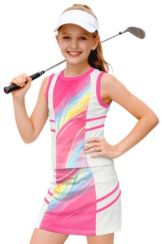 Image of AOBUTE Girls Tennis Golf Outfit Tank Top and Skirt with Shorts Set 4-12 Years