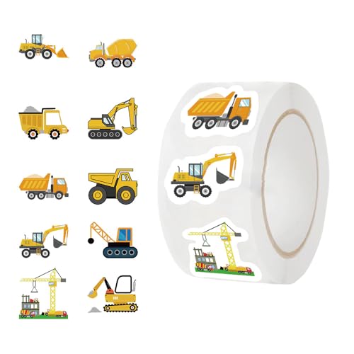 500PCS Construction Vehicle Stickers Roll 10 Styles Self-Adhesive Envelope Seals Stickers - Waterproof for Trucks Party Favors Excavators Birthday Parties & Classroom Rewards
