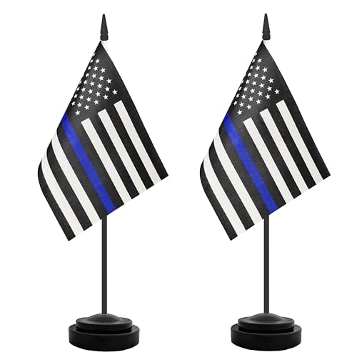 USA Thin Blue Line Police Desk Flag, 2 Pack American Policeman Table Office Flags, Small Mini Desktop Flag With 12