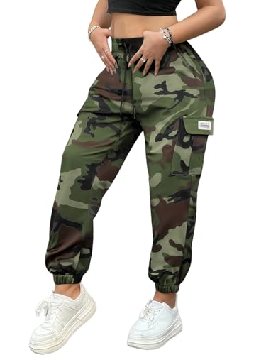 XYXYING Women’s Lightweight Quick-Dry Camo Cargo Pants - Tapered Leg Elastic Drawstring Waistband Breathable Tactical Pants