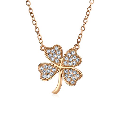 Shamrock Pave CZ Lucky Charm Four Leaf Clover Pendant Necklace For Teen For Women Rose Gold Plated 925 Sterling Silver