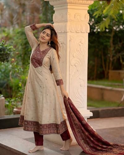 Image of ANNI Designer Kurta Sets for Women Viscose Printed | Kurta Pant Dupatta Set | A-Line Kurti Set for Women | Round Neck 3 /4 Sleeve Ethnic Suit | Designer Indian Kurti Outfit with Pants