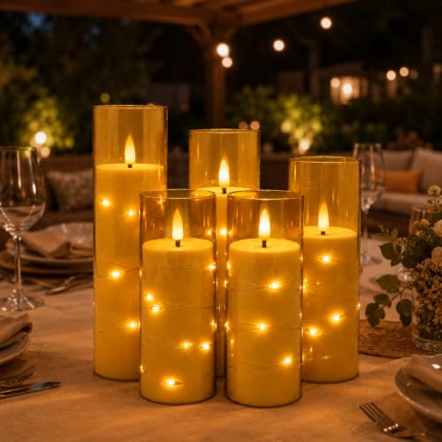 Image of 5 Pack Champagne Transparent Acrylic Flameless Taper Candles, Flickering Black Wick LED Candles with Surrounding Fairy String Lights, Heat Resistant ABS Candles with Remote for Indoor Outdoor Decor