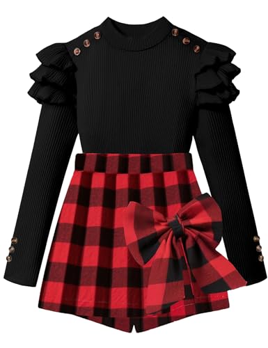 Image of Girls Clothes 2 Piece Ruffle Long Sleeve Shirt Top and Bow Plaid Skirt Set Girls Fall Winter Outfits 6-16 Years