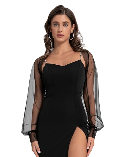 Image of Women's Mesh Bolero Shrug,Long Sleeve Sheer Cardigan for Dress,Y2K Sheer Bolero Jacket Open Front Mesh Crop Top