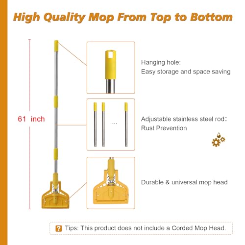 Image of Mop Handle, 61 inch Wet Mops Heavy Duty Loop-end String Mop Head Surface Floor Cleaner with Stainless Steel Hard Pole Commercial