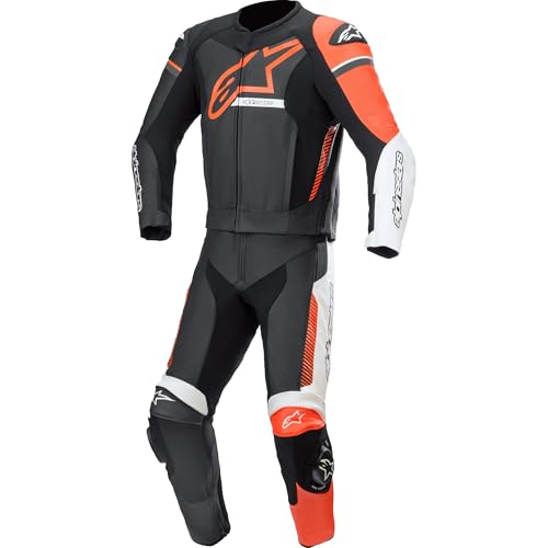 Alpinestars Gp Force Phantom Leather Suit 2 PC Zwart/Wit/Fluo Rood Pants, Negro, 56 EU