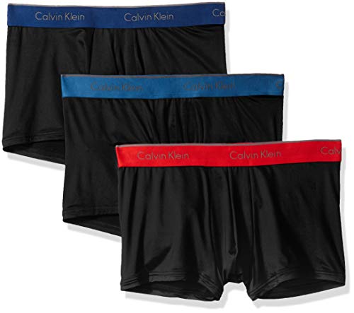 Calvin Klein Men's Underwear Microfiber Stretch 3 Pack Trunk Underwear, Black/Capsize/Downpour/Manic red, L