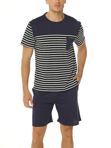 ReliWel Ensemble de pyjama pour homme, haut à manches courtes et short en coton, ensemble de pyjama pour homme, vêtements de nuit avec poches, bleu marine, L