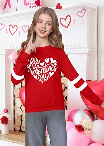 Image of LAZYCHILD Kids Valentine Shirt Girls Valentines Day Shirts Heart Graphic Long Sleeve Striped Tee Tops 5-14 Years