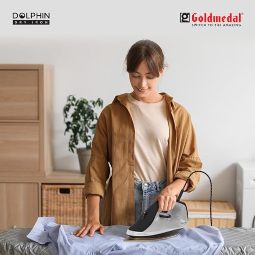 Image of Goldmedal Dolphin 1100W Dry Iron| Non-stick Weilburger Premium Coated Soleplate | iron for clothes | 5 Fabric Setting| Broad Base for Hot zone Protection | Shock-Proof Body (Cool Grey- Black)