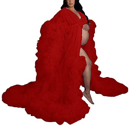 Tianzhihe Puffy Tulle Robe for Maternity Photoshoot Sheer Dressing Gowns Pregnancy Dress Bathrobe Sleepwear for Women ( Red,L-XL)