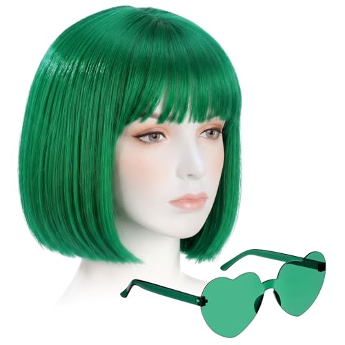 Image of Chunyin 2 Pieces Party Wigs and Sunglasses Set, Neon Short Bob Wig Costume Cosplay Colorful Wig Hairpieces for Bachelorette Neon Party Favors, Halloween, Decorations (Green)