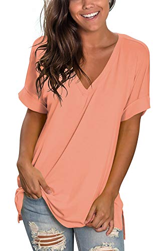 Image of SAMPEEL Women's V Neck T Shirts Casual Rolled Short Sleeve Side Split Summer Tops Loose Fit