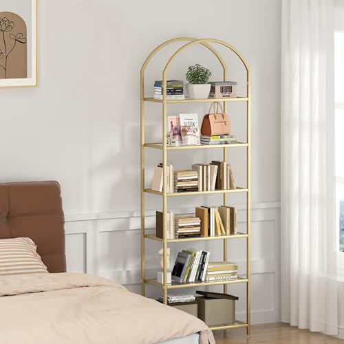Homhedy BC16G 6-Tier Bookshelf Arched Display Racks, Metal Bookcase, Tempered Glass Shelves thumb #5