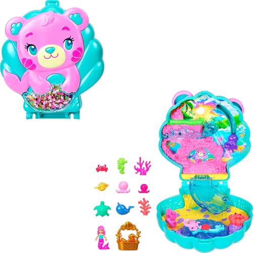 Polly Pocket Puppen und Spielset, Glitzerinsel-Schatulle, Reisespielzeug mit 1 Mini-Meerjungfrauenpuppe, Meerestieren und passendem Zubehör, JCB16
