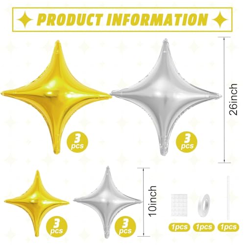 Image of Gold Silver Star Balloons,12Pcs Four Angle Star Foil Balloons | 26Inch and 10Inch Blue Gold Silver Quadrangle Star Helium Balloon for Birthday Graduations New Year Party Decorations