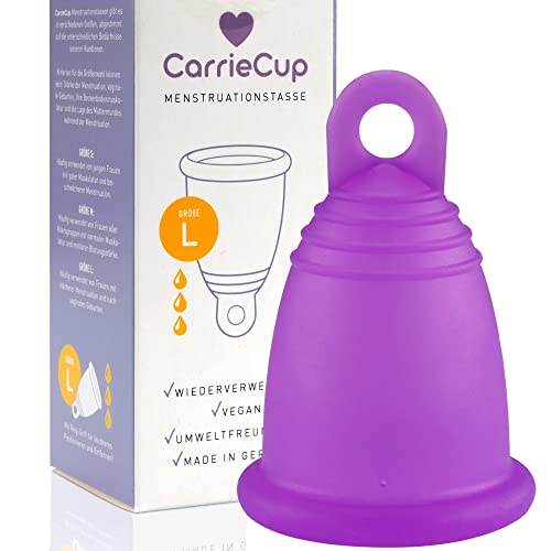 CarrieCup Menstruationstasse groß, Made in Germany inkl. Beutel - BPA-frei, Alternative zu Tampons und Binden, silikonfrei, Menstrual Cup Lila