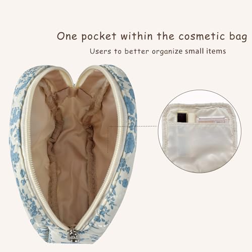 uekeboag Small Quilted Cotton Makeup Bag for Purse, Cosmetic Bag with Compartments, Cotton Aesthetic Makeup Bag, Travel Toiletry Pouch, Key Pocket Lipstick Bag Card Holder Data Cable Organizer（01White Bear） 7ounces