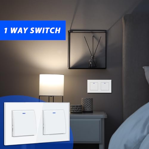 BSEED Lichtschalter Unterputz mit Steckklemme, Lichtschalter Glas 1 Fach 1 Weg+1 Fach 1 Weg, Taster Schalter Unterputz mit LED Kontrollleuchte, Wandschalter für Wohnzimmer, Büro, Küche-Weiß