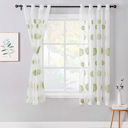 MIULEE Embroidery Sheer Curtains Decoration Flora Design Grommet Window Curtain Semi Voile Drapes with Eyelets Window Treatments for Living Room Bedroom 2 Panels 55" W x 63" L Green - Image 2