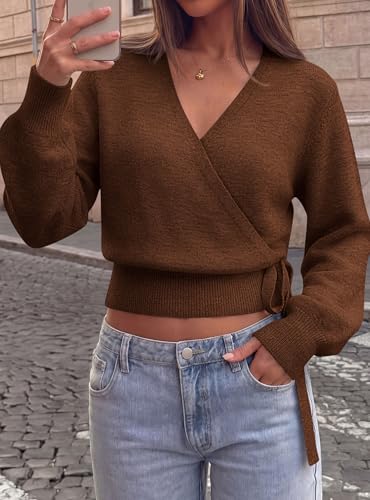 PRETTYGARDEN V Neck Wrap Sweaters for Women Fall Outifts Pullover Brown,L — view 4