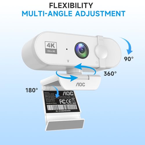 Image of AOC White 4k Webcam for PC with Microphone, Computer Camera with Noise Cancellation, Privacy Cover, 99 FOV, Plug & Play USB Webcam for Streaming, Conferencing, Zoom, Skype, Facetime