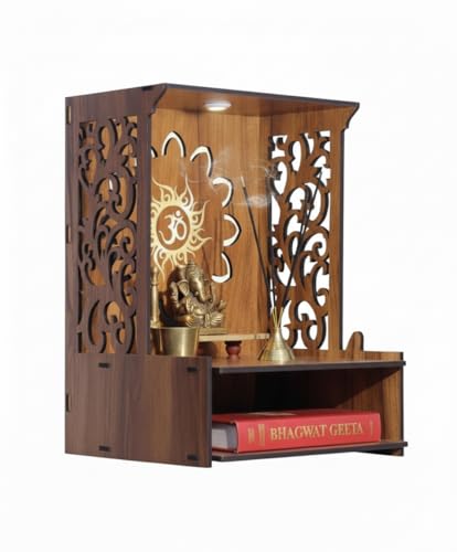 Image of Royal Walnut Finish Wooden Pooja Mandir | Wall Mounted Home Temple with LED Lights & Spacious Storage | Premium Handcrafted Puja Unit (37.5 * 29 * 25 CM) (Large) A3