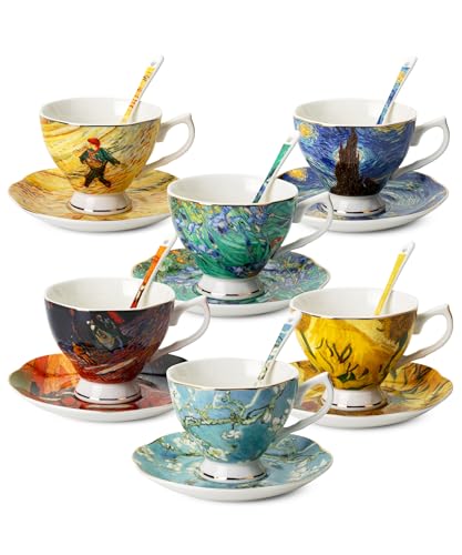 Image of BTaT- Tea Cups and Saucers, Set of 6 with Spoon, 8 oz, Fine Porcelain Teacup Set with Gold Trim for Afternoon Tea, Weddings, Parties & Gifting, Dishwasher Safe, Lightweight, Non-Toxic