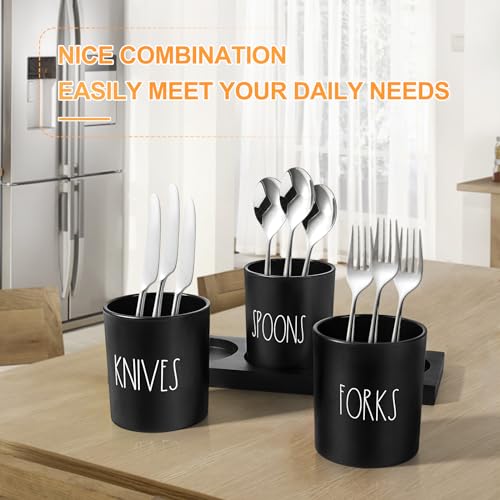 Alpiriral Silverware Caddy, 4 Pieces Kitchen Utensil Holder For Countertop, Black Utensil Holder For Party, Silverware Holder For Party With Wood Tray, Farmhouse Cutlery Holder Storage Organizer thumb #6