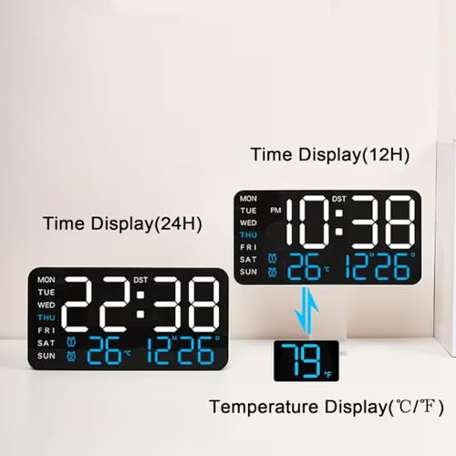 Image of EASEPRES 9 inch LED Digital Wall Clock with Date, Day, Temperature Display & Dual Alarm - USB Powered, Adjustable Brightness - Ideal for Bedroom, Office, Seniors, Home Decor (White + Blue)
