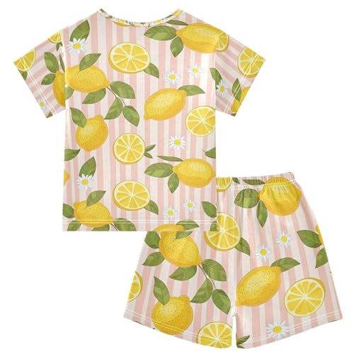 ALAZA Lemon Daisy Striped Pajamas Set Short Sleeve Cotton Sleepwear Summer Pjs 2 Piece 5-14Y2