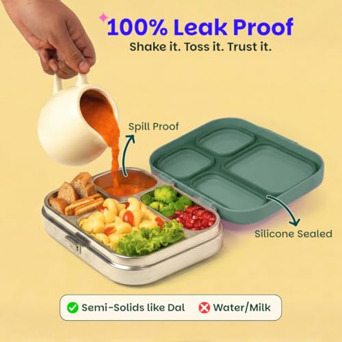 Image of Basil Bento Box Quad - 4 Compartment Stainless Steel Lunch Box with BPA-Free Plastic Lid | 800 ml Leak-Proof Tiffin Box for Kids & Adults | Premium School, Office, and Picnic Lunch Box - Emerald Moss