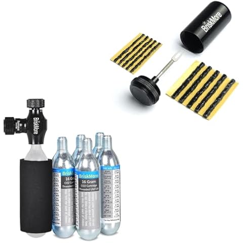BriskMore CO2 Inflator Kits with 5 X 16g CO2 Cartridges and Black Tubeless Bicycle Tire Repair Kits Cover