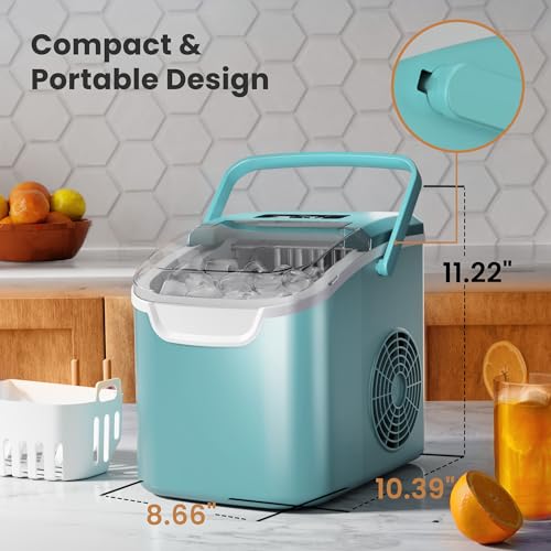 Image of Portable Ice Maker Machine with Handle, 26lbs /24Hrs, 6Mins /9 Ice Cubes, Self-Cleaning with Basket /Scoop, Countertop Ice Makers for Home /Kitchen /Office(Green)